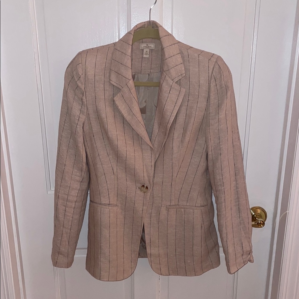 Tan and Navy Pinstripe Linen Blazer